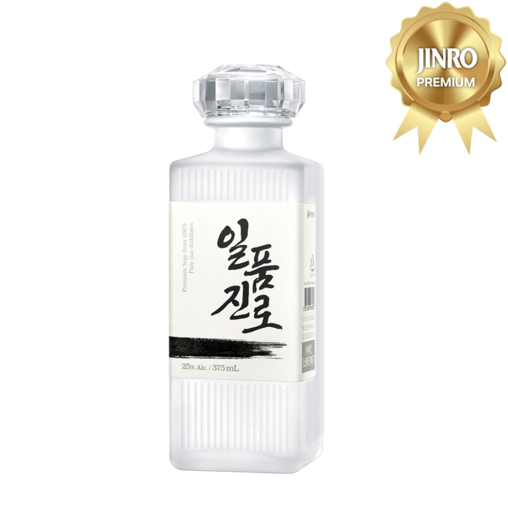 A bottle of Ilpoom Jinro (Jinro Premium), a premium distilled spirit with 25% alcohol content, featuring a refined, elegant design.
