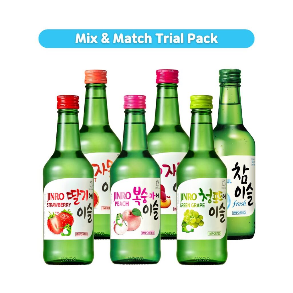 A Mix & Match Trial Box featuring six bottles of Jinro Soju in different flavors: Strawberry, Peach, Green Grape, and Original Fresh.