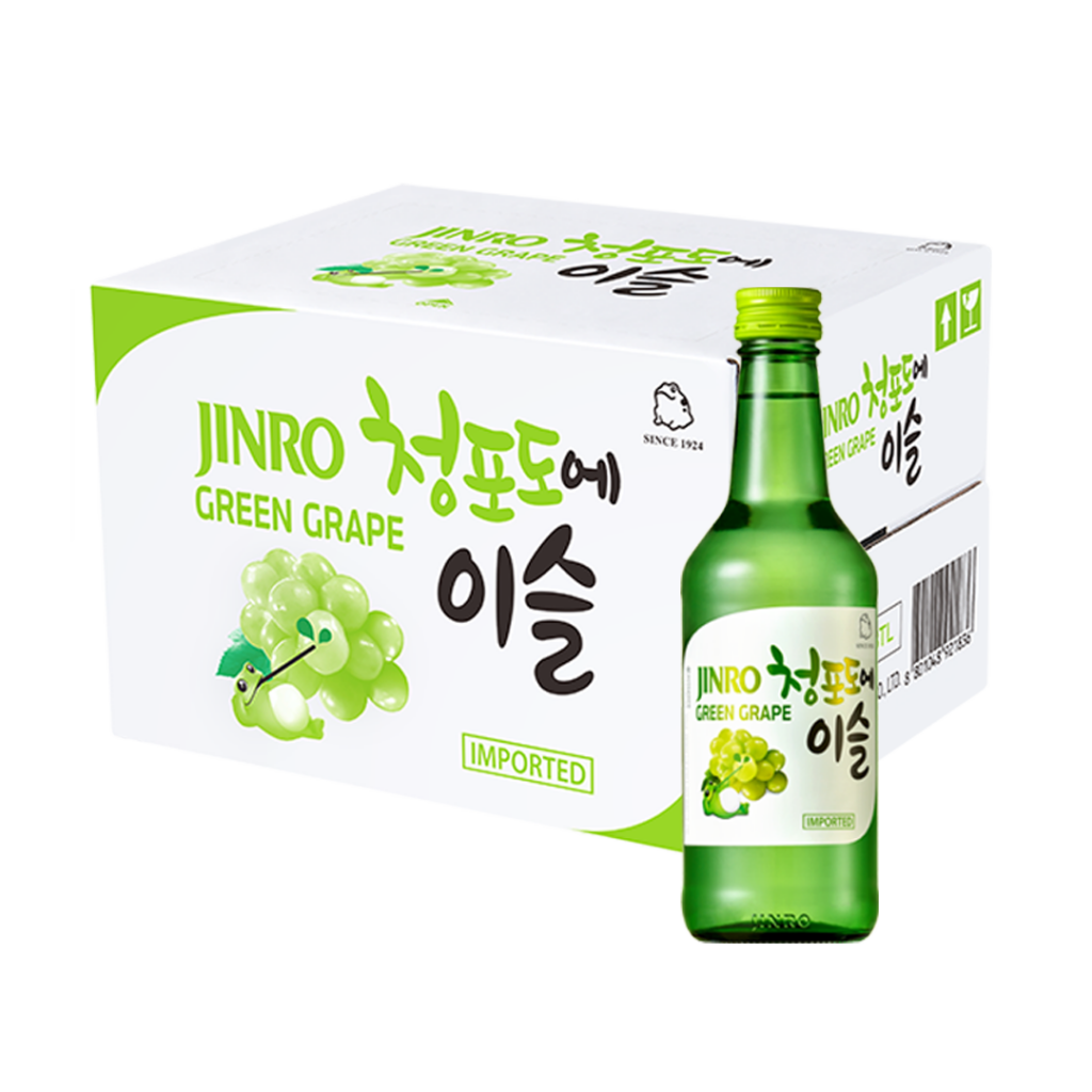 Colorful bottle of JINRO Green Grape Soju, featuring vibrant green grape imagery and a 13% ABV marking on a 360ml bottle.