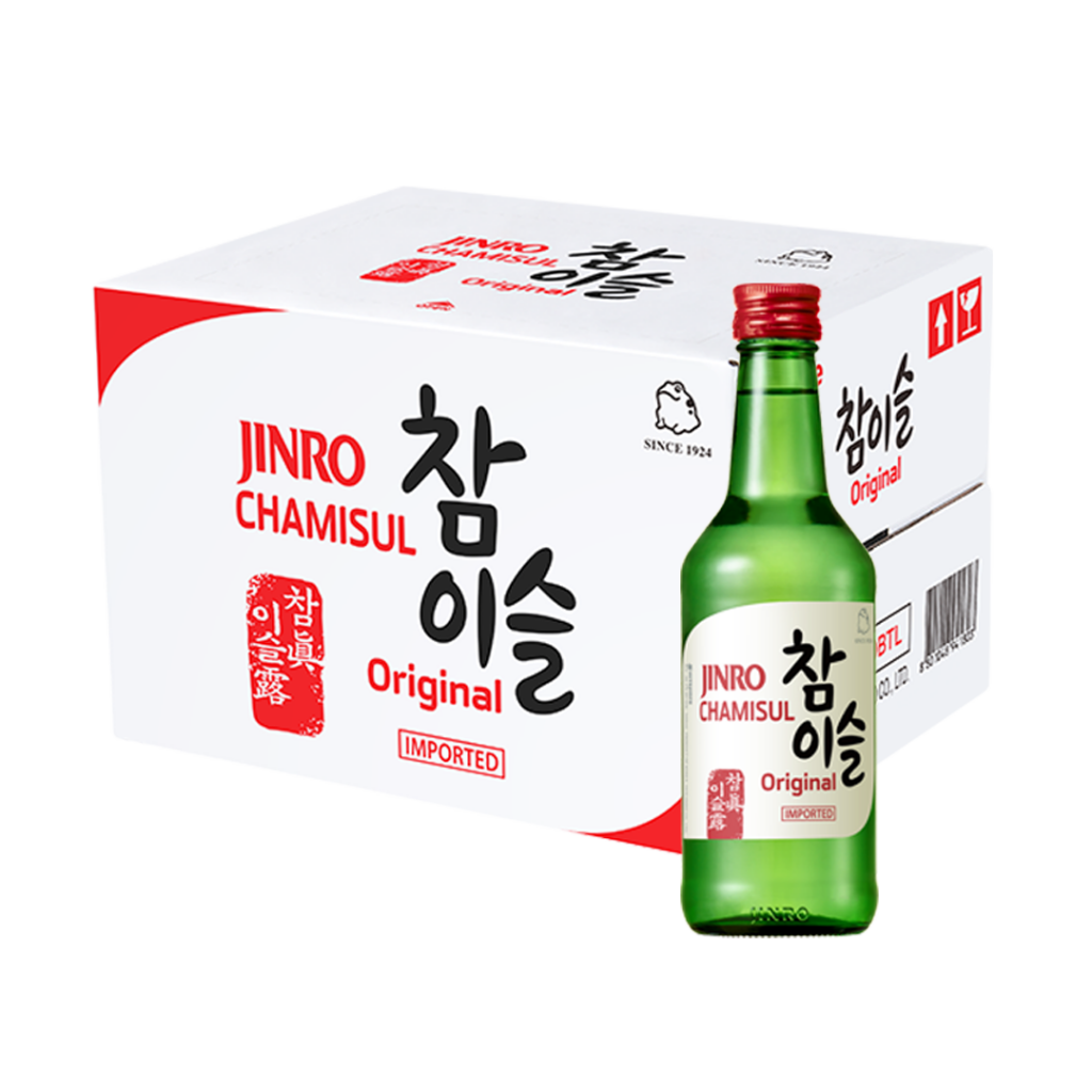 Bottle of JINRO Original Soju with label showing 20.1% alcohol by volume, 360ml size, in traditional Korean design.