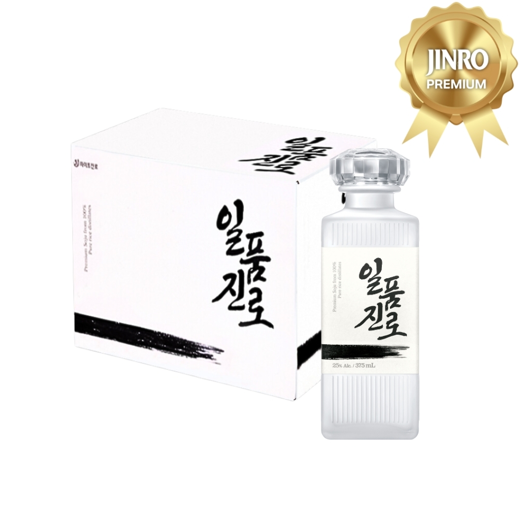 Jinro Ilpoom premium rice soju in white bottle with minimalist black ink design.